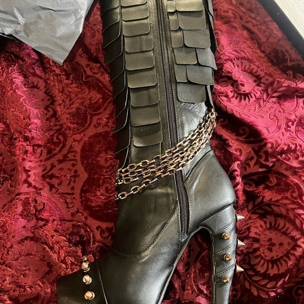 Hades Caymene Black Faux Vegan Leather Studs Spikes Chains Knee-High Boots 9